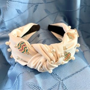Ivory White Top Knot 2” Wide Headband w/Colorful Easter Egg Charms & pearls. NWT